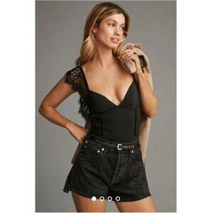 Livenzia Anthroplogie NWT Lace Sleeve Bodysuit Size Small in Black Retail $175